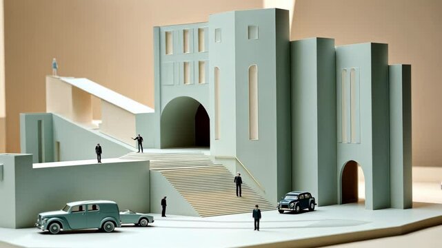 Architectural model showcasing a modern structure with miniature people and classic cars in a minimalistic setting