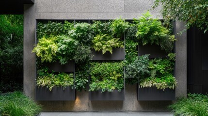 Lush green wall features various plant species, creating vibrant