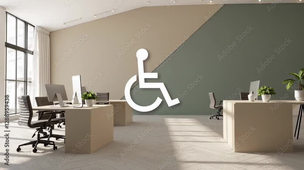 Poster sunlight illuminates a modern office space featuring a prominent accessibility symbol, indicating in