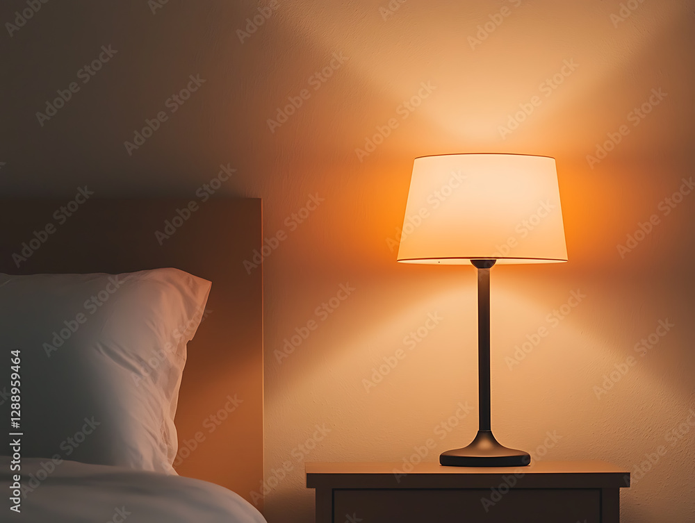Poster bedside table lamp casting a warm light, creating a cozy atmosphere. the scene evokes rest and relax
