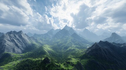 Naklejka premium Majestic mountain landscape revealing vast greenery under dramatic skies with sunlight illuminating the rugged terrain and soft clouds