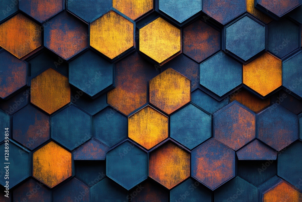 Poster graphic hexagonal pattern featuring blue and orange hues in an abstract design