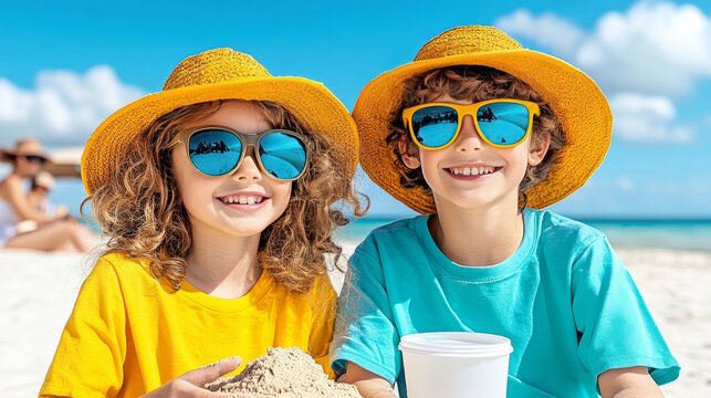 Dos ni&ntilde;os construyen castillos de arena en la playa bajo el sol brillante