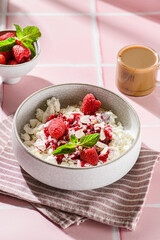 cottage cheese with raspberries and almond petals