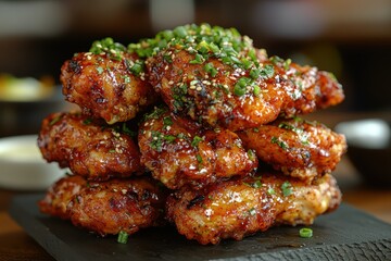 Crispy korean fried chicken delight restaurant kitchen food photography cozy atmosphere close-up shot culinary perfection