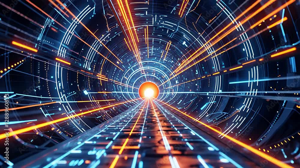Aufkleber futuristic digital tunnel with glowing neon lights and high-speed data flow in a cyber technology sc