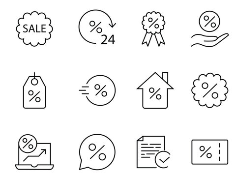 Discount thin line icon vector set. Shopping tags line icon.  Credit card, crypto wallet icon.  Containing up and down percentage, label, price tag. Interest rate, percentage diagram vector.