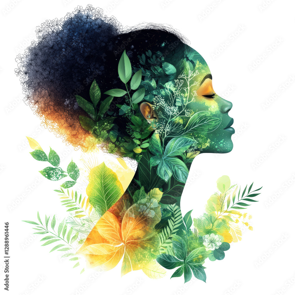 Poster womans face surrounded by colorful floral arrangement with natural light and soft focus background i