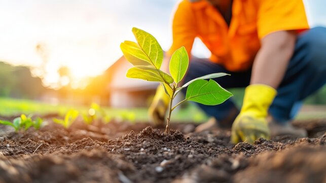 Jardineros plantando &aacute;rboles en un paisaje rural al atardecer, contribuyendo al medio ambiente