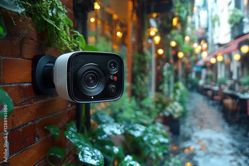 Poster advanced motion detection camera installed in a lush alleyway with ambient lighting