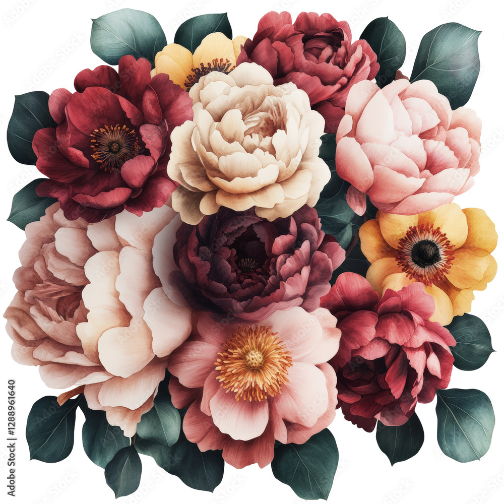 Poster bunch of colorful flowers with green leaves arranged in a natural setting on a neutral background is