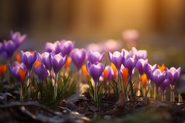 Beautiful crocuses blooming in a meadow at sunset, a sign of the beginning of spring