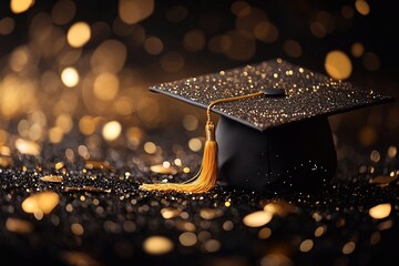Elegant golden script text saying Congratulations Graduate with a black graduation cap and golden confetti on a dark luxury background with a soft spotlight effect


