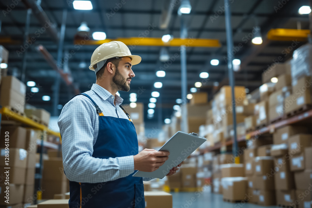 Poster warehouse manager stands in a storage facility checking the clipboard while surrounded by stacks of 
