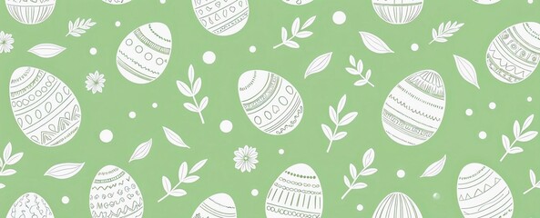 Seamless Easter pattern with white line art of decorated eggs and floral elements on fresh green background