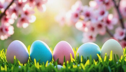 Close-up of colorful Easter eggs on lush grass with cherry blossoms