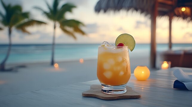 Amigos disfrutando de bebidas en la playa al atardecer en un ambiente relajante y tropical