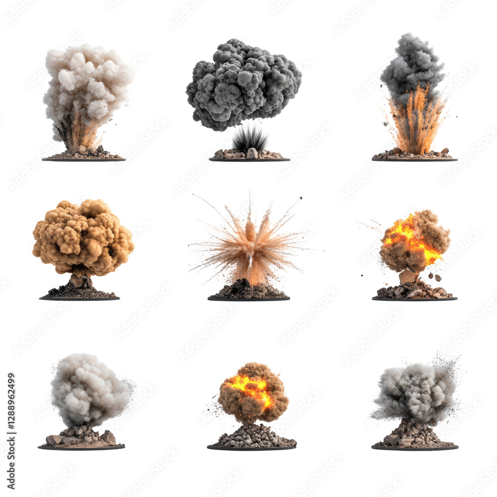 Poster multiple explosions occurring in a dark environment with bright flames and smoke effects isolated on