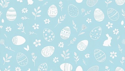 Seamless Easter pattern with delicate line drawings on pastel blue background