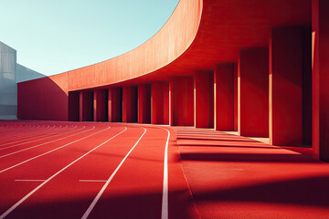 Modern architecture of sports stadium with running tracks in red color. Empty stadium with red columns. Generated by artificial intelligence