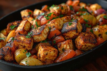 Crispy tofu stir-fry with sweet and spicy sauce home kitchen food photography cozy environment close-up culinary delight