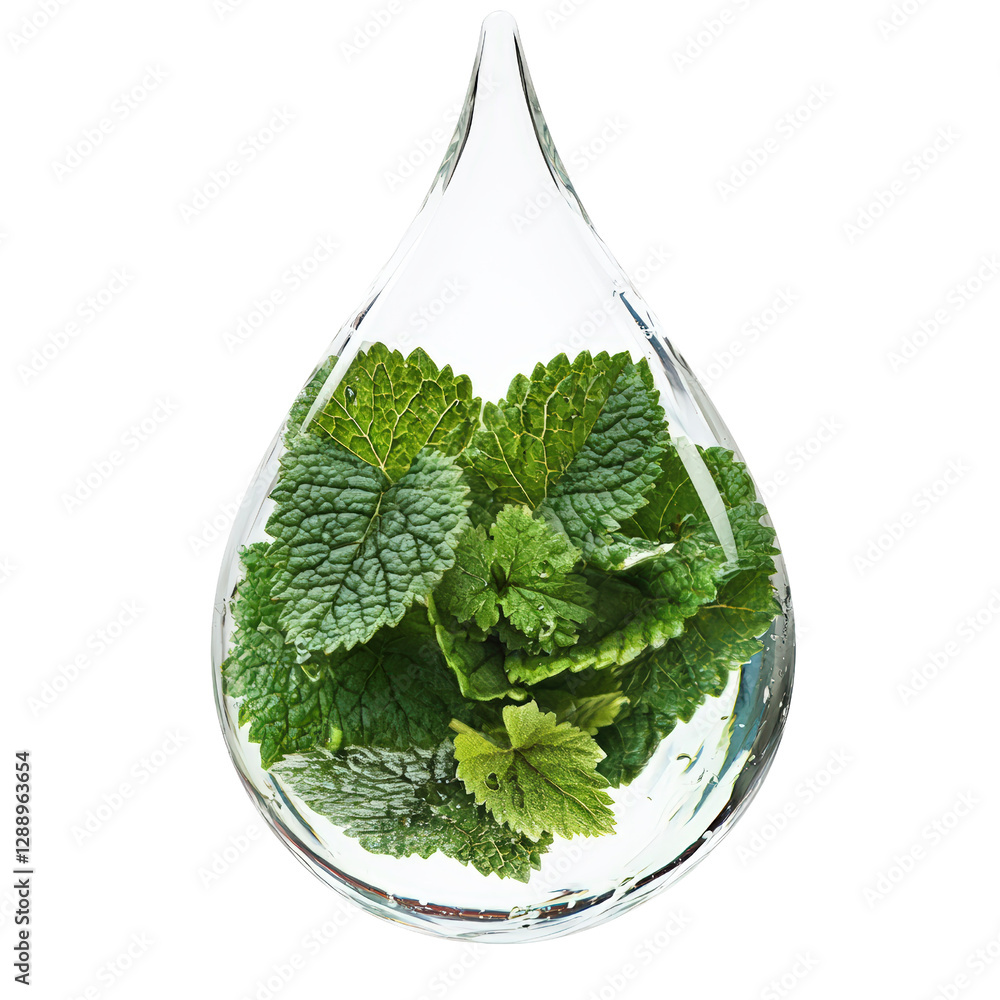 Poster glass water drop with green plant inside creating a natural and refreshing composition isolated on t