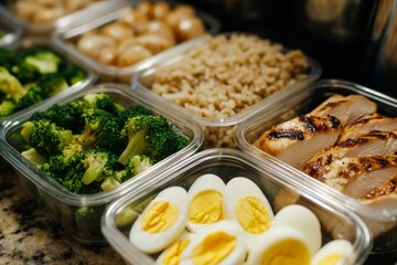 Healthy meal prep: grilled chicken, broccoli, brown rice, eggs
