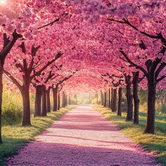 Naklejka premium Cherry Blossom Festivals Blossoming pink trees line a tranquil path.