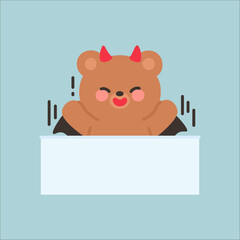 Playful Devil Bear Popping Out from a White Wall with a Surprised Expression