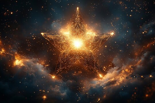 A delicate, hand-drawn star with intricate filigree details, surrounded by soft glowing sparks. The star appears almost like an antique pendant with a vintage feel, evoking a sense of elegance and mys
