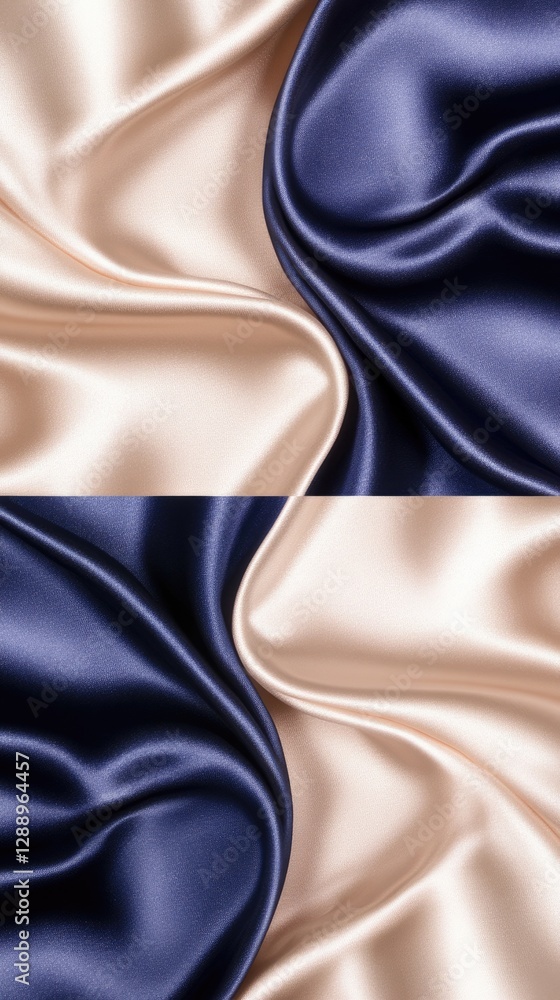 Poster smooth satin fabric in pastel blue and pink features elegant folds and ripples, creating a dynamic a