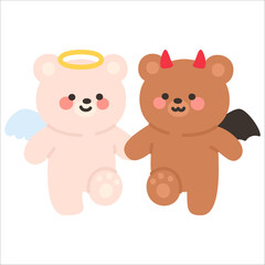 Cute Angel and Devil Bears Walking Hand in Hand with Smiling Faces