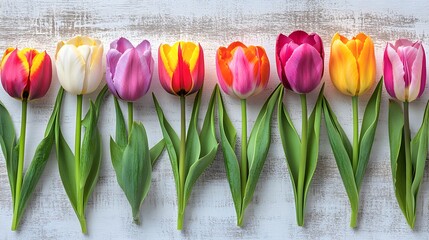 Vibrant Array of Colorful Tulips in Various Shades Lined Up on a Rustic Wooden Background