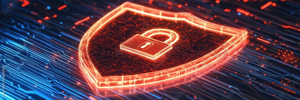 Poster digital icon shield with lock representing cyber security and data protection technologies