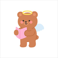 Cute Angel Bear Holding and Reading a Book