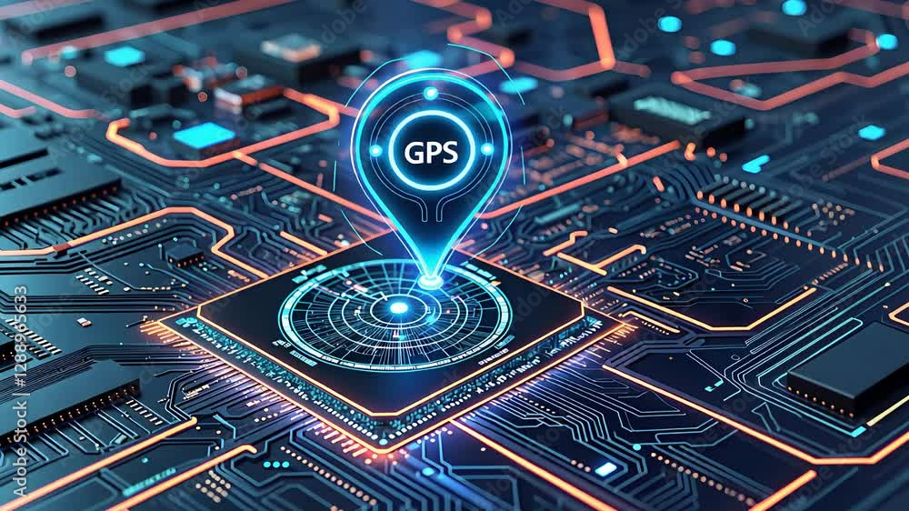 Poster futuristic gps navigation concept on a high-tech circuit board with digital location pin and glowing