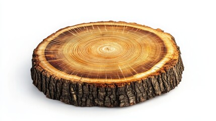 Larch tree cross-section with rings, isolated on white.
