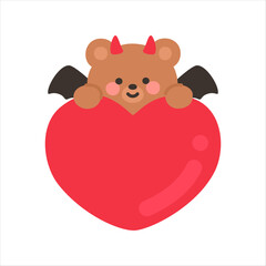 Devil Bear Popping Up from Behind a Large Red Heart