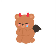 Sad Devil Bear Sitting in Prayer with Tearful Expression