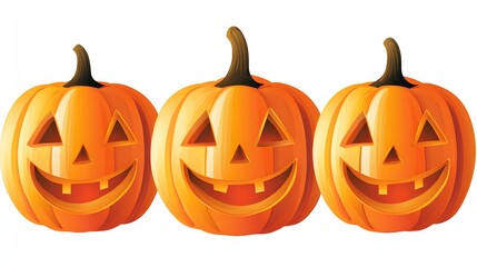 Three Cheerful Carved Pumpkins with Smiling Faces in Bright Orange Color for Halloween Decoration