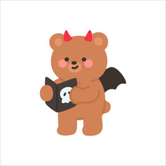 Obraz premium Devil Bear Standing While Reading a Black Book with a Skull on the Cover