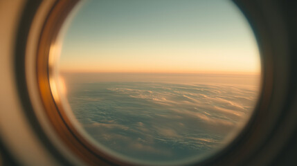 Fototapeta premium Captivating view of clouds during sunset from an airplane window high above the earth's surface. Generative AI