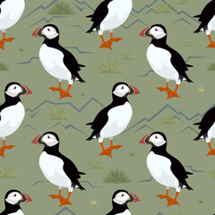 Puffin birds in natural environment. Seamless vector pattern