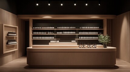 Minimalist Aesop brand retail booth, front view.