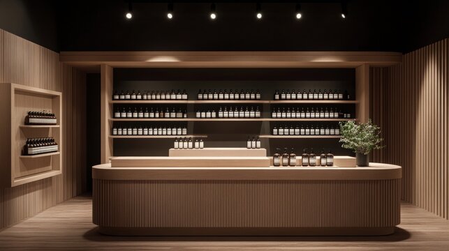 Minimalist Aesop brand retail booth, front view.