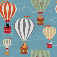 Cute cats flying high in striped hot air balloons in the blue sky. Seamless vector pattern