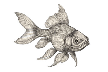 Old engraving style, wildlife print, aquatic art, hand-drawn goldfish, black sketch effect, vintage illustration, ocean decor, marine creatures, sea life design