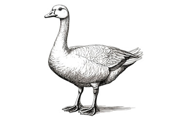 Wildlife print goose, hand-drawn black sketch effect, trendy design, vintage illustration, bird art, old engraving style, white background.