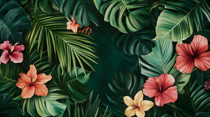 Fototapeta premium Tropical Foliage and Hibiscus Flowers – Exotic Jungle Botanical Background