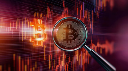 Magnifying glass focusing on Bitcoin symbol with fluctuating graphs, showcasing cryptocurrency trends